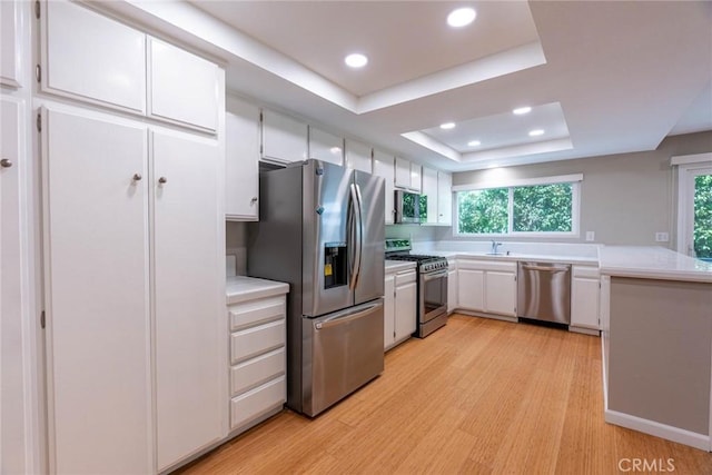 kitchen with light countertops, white cabinetry, appliances with stainless steel finishes, and light wood-type flooring
