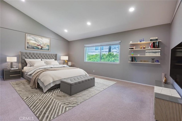 carpeted bedroom featuring recessed lighting, baseboards, and vaulted ceiling
