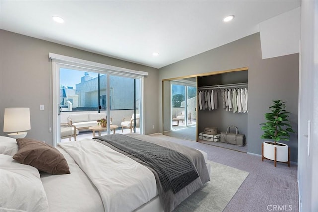 carpeted bedroom featuring baseboards, access to outside, recessed lighting, and lofted ceiling