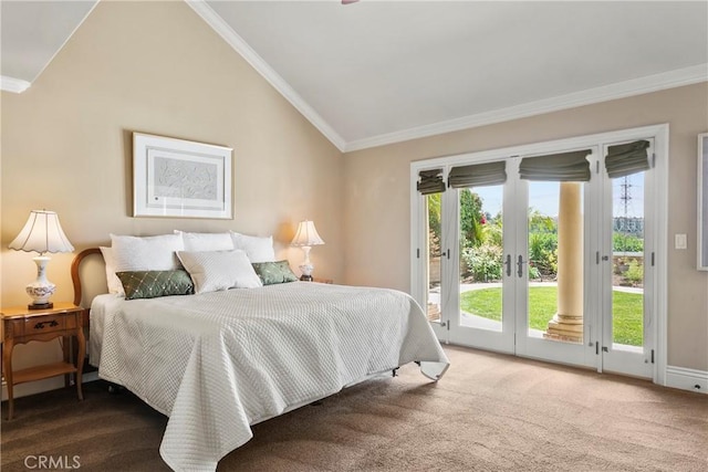 bedroom featuring ornamental molding, multiple windows, access to outside, carpet, and vaulted ceiling