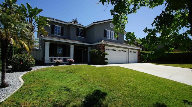 42944 Calle Reva, Temecula, CA 92592 - traditional-style home featuring covered porch, concrete driveway, stucco siding, an attached garage, and a front yard