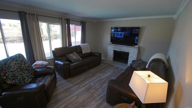 42944 Calle Reva, Temecula, CA 92592 - living room featuring wood finished floors, ornamental molding, a stone fireplace, and baseboards