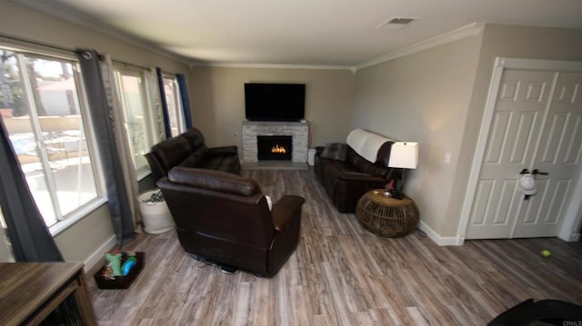 42944 Calle Reva, Temecula, CA 92592 - living area featuring plenty of natural light, wood finished floors, baseboards, a fireplace, and ornamental molding