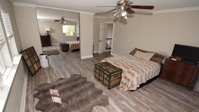 42944 Calle Reva, Temecula, CA 92592 - bedroom with wood finished floors, ornamental molding, ceiling fan, and baseboards