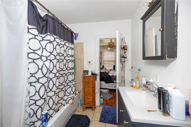 844W 105th St, Los Angeles, CA 90044 - bathroom featuring tile patterned flooring, shower / tub combo with curtain, vanity, ensuite bathroom, and ceiling fan