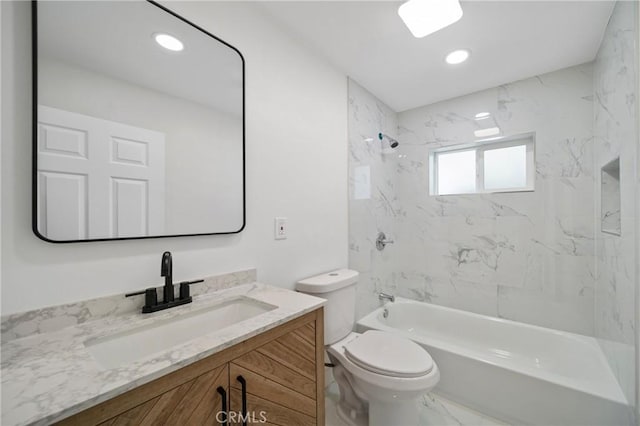 full bath with vanity, toilet, marble finish floor, recessed lighting, and  shower combination