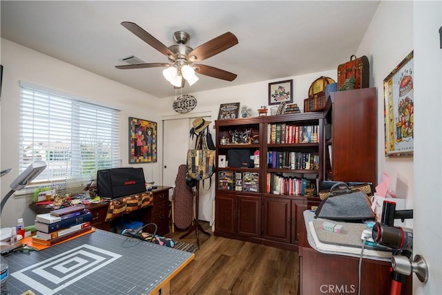 office area featuring ceiling fan and wood finished floors