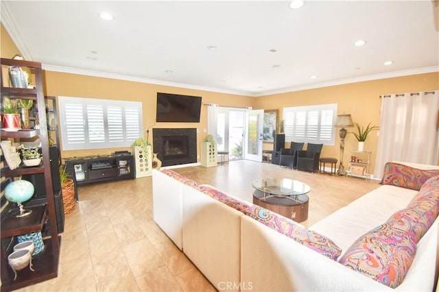 11331 Chapman Ave, Garden Grove, CA 92840 - living area featuring a fireplace, ornamental molding, and recessed lighting