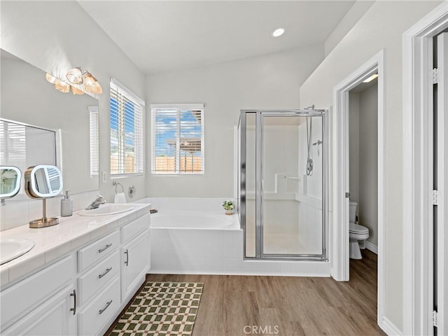 bathroom with a sink, toilet, a shower stall, wood finished floors, and a bath