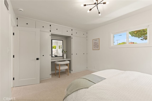 bedroom with visible vents, a notable chandelier, light carpet, and multiple windows