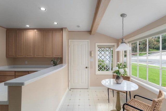 interior space with recessed lighting, baseboards, vaulted ceiling with beams, and light floors