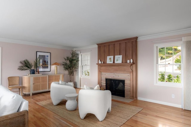 living area featuring crown molding, baseboards, a fireplace, and light wood finished floors