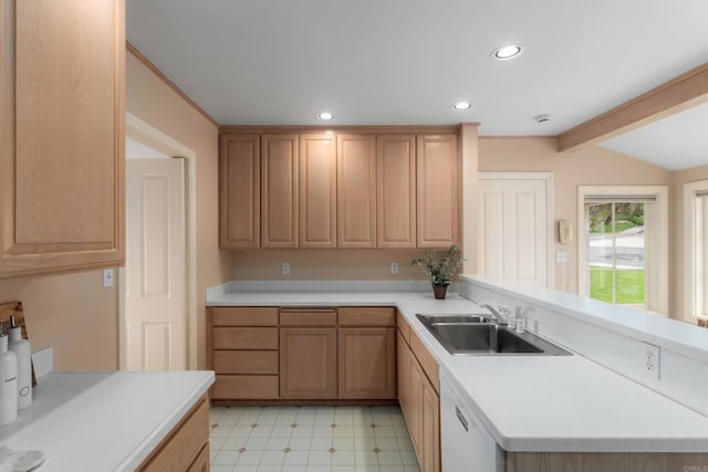 kitchen featuring a peninsula, white dishwasher, light floors, light countertops, and a sink