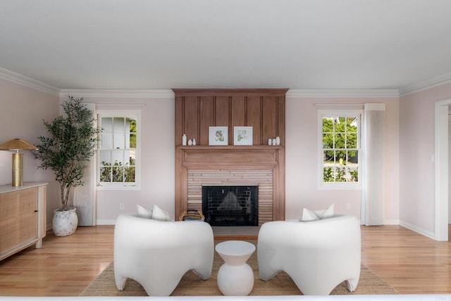 living area with light wood-type flooring, ornamental molding, and baseboards