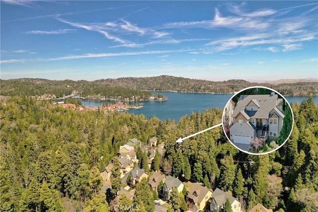 birds eye view of property featuring a forest view and a water view