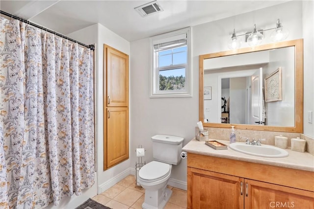 full bathroom featuring visible vents, curtained shower, tile patterned floors, vanity, and toilet