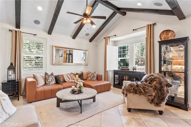 living area with recessed lighting, ceiling fan, lofted ceiling with beams, and tile patterned floors