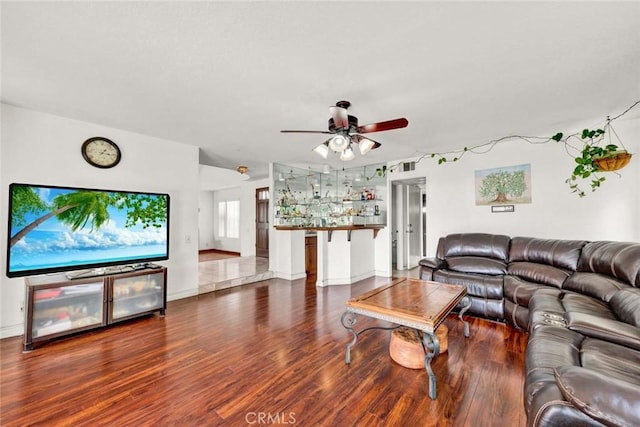 6322 E E W View Dr, Orange, CA 92869 - living room featuring a dry bar, a ceiling fan, baseboards, wood finished floors, and visible vents
