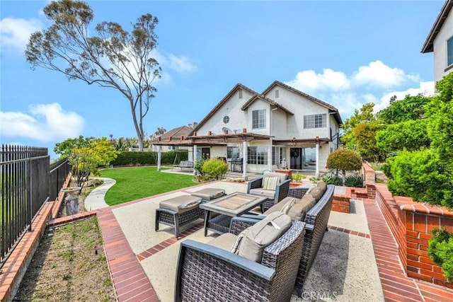 6322 E E W View Dr, Orange, CA 92869 - view of patio with outdoor lounge area, a pergola, and a fenced backyard