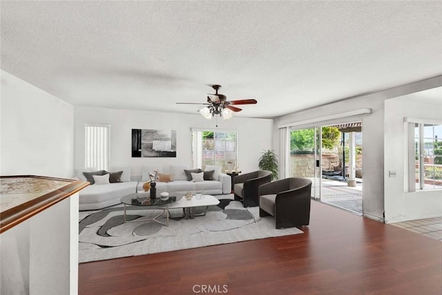6322 E E W View Dr, Orange, CA 92869 - living room with ceiling fan, a textured ceiling, and wood finished floors
