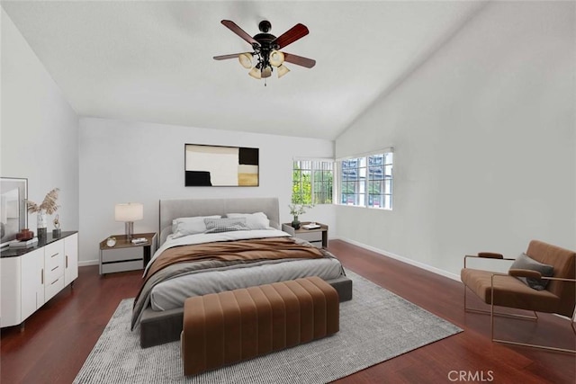 6322 E E W View Dr, Orange, CA 92869 - bedroom with dark wood-style flooring, baseboards, a ceiling fan, and high vaulted ceiling