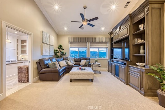 32 Panorama, Coto De Caza, CA 92679 - living room featuring crown molding, light carpet, a ceiling fan, baseboards, and recessed lighting