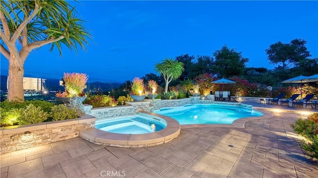 32 Panorama, Coto De Caza, CA 92679 - pool at twilight featuring a patio, an in ground hot tub, and an outdoor pool