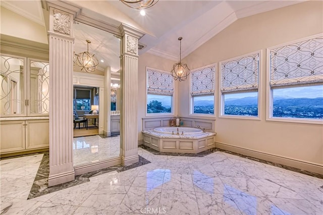 32 Panorama, Coto De Caza, CA 92679 - bathroom with marble finish floor, lofted ceiling, ornate columns, ornamental molding, and a bath
