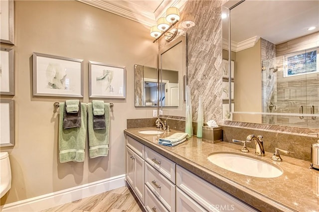 32 Panorama, Coto De Caza, CA 92679 - full bathroom with crown molding, a sink, double vanity, and tiled shower