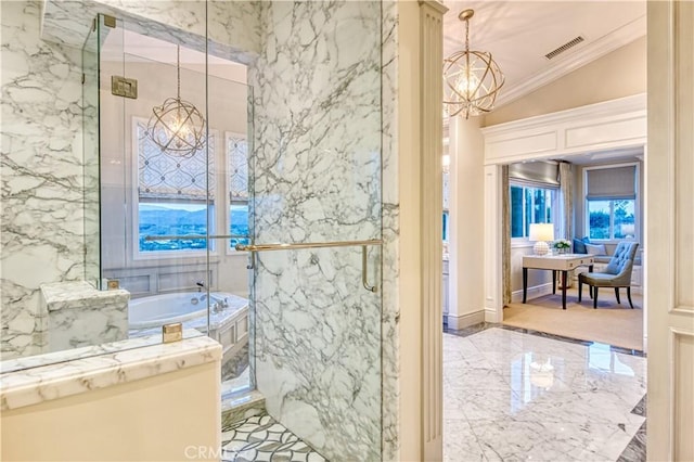 32 Panorama, Coto De Caza, CA 92679 - bathroom featuring crown molding, a notable chandelier, a marble finish shower, marble finish floor, and a garden tub