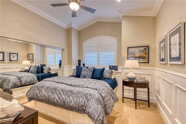 32 Panorama, Coto De Caza, CA 92679 - bedroom featuring crown molding, ceiling fan, light carpet, and a decorative wall