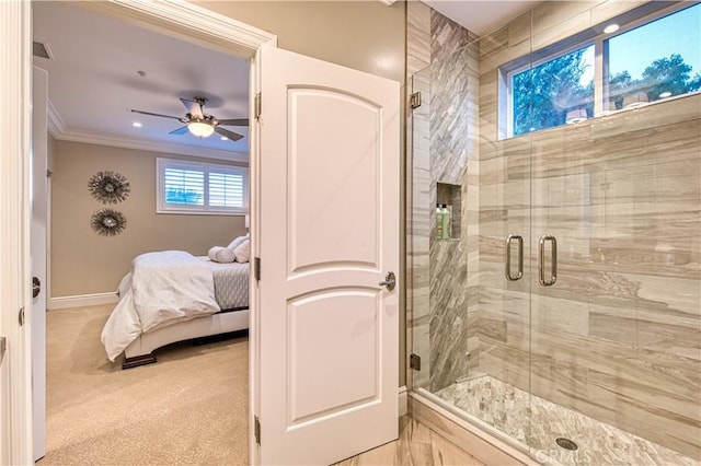 32 Panorama, Coto De Caza, CA 92679 - full bath featuring ceiling fan, ensuite bath, baseboards, a shower stall, and ornamental molding