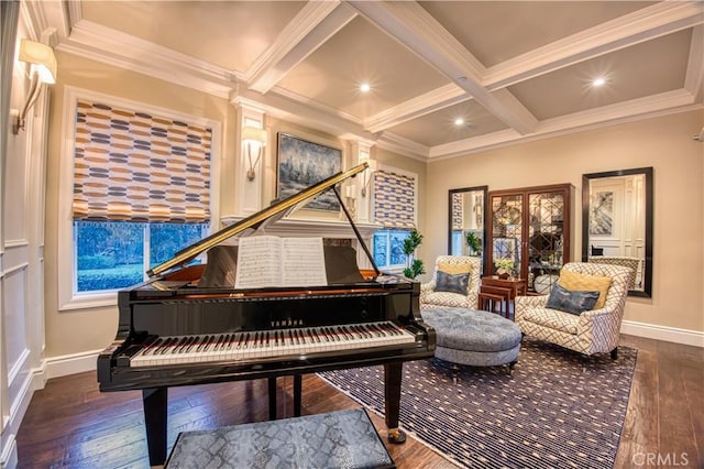 32 Panorama, Coto De Caza, CA 92679 - living area with baseboards, beamed ceiling, coffered ceiling, and hardwood / wood-style flooring