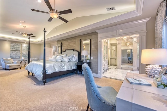 32 Panorama, Coto De Caza, CA 92679 - bedroom featuring a raised ceiling, carpet, vaulted ceiling, and visible vents