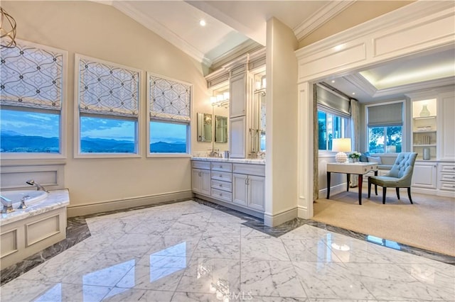 32 Panorama, Coto De Caza, CA 92679 - bathroom featuring vanity, marble finish floor, baseboards, ornamental molding, and a garden tub