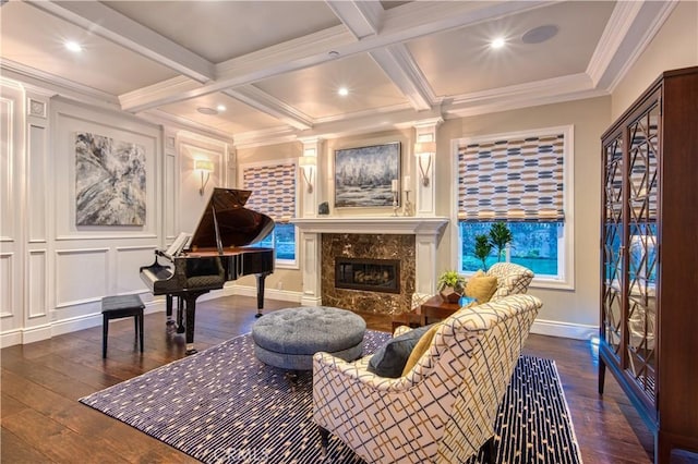 32 Panorama, Coto De Caza, CA 92679 - sitting room with wood-type flooring, a high end fireplace, baseboards, and beam ceiling
