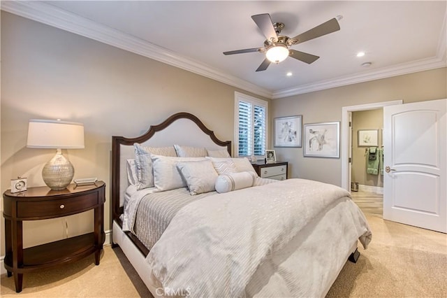 32 Panorama, Coto De Caza, CA 92679 - bedroom with a ceiling fan, crown molding, baseboards, light carpet, and recessed lighting