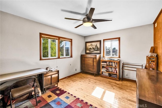 office area featuring baseboards, a ceiling fan, and light wood-style flooring