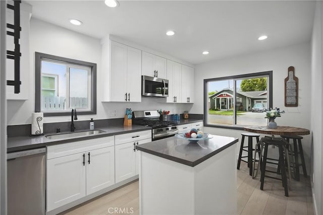 kitchen featuring a sink, white cabinetry, dark countertops, and stainless steel appliances
