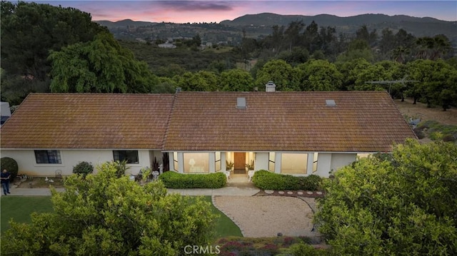 back of property at dusk with a mountain view and stucco siding
