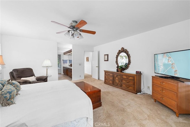 bedroom with light colored carpet and ceiling fan