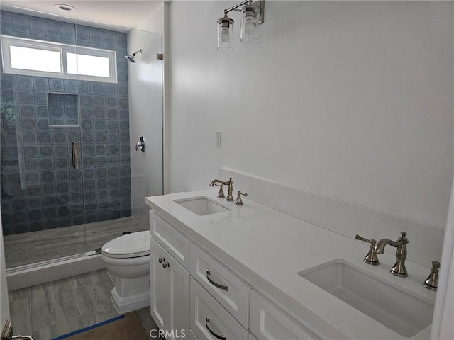 full bath featuring double vanity, a sink, toilet, and a shower stall