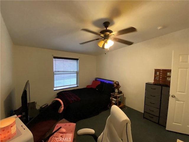 bedroom featuring ceiling fan and dark carpet
