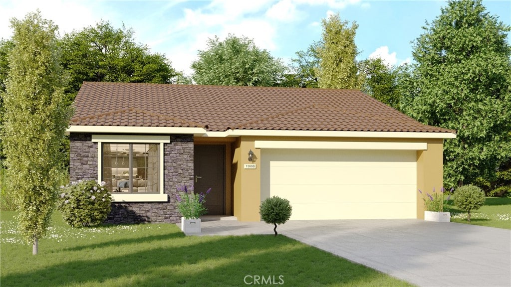 ranch-style house with stucco siding, an attached garage, a tiled roof, and a front yard