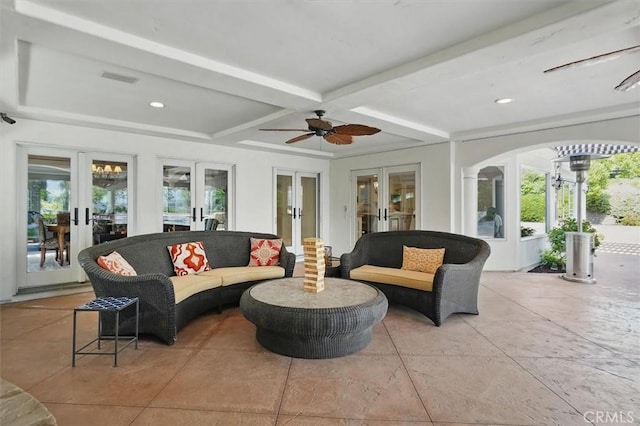 view of patio / terrace with french doors, outdoor lounge area, and ceiling fan