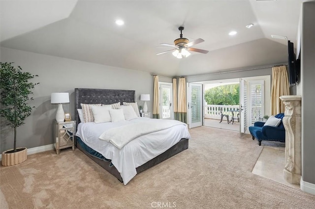 bedroom featuring access to outside, carpet floors, vaulted ceiling, baseboards, and ceiling fan
