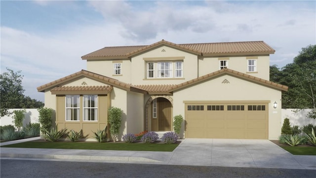 mediterranean / spanish house with a tiled roof, a garage, driveway, and stucco siding