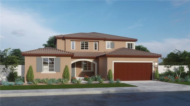 30973 Avenida Ramblas, Highland, CA 92346 - mediterranean / spanish-style home with fence, an attached garage, a tile roof, stucco siding, and driveway