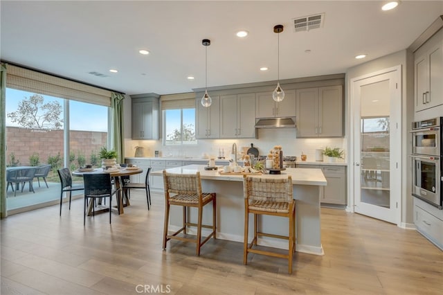 30973 Avenida Ramblas, Highland, CA 92346 - kitchen featuring gray cabinetry, under cabinet range hood, stainless steel double oven, and visible vents