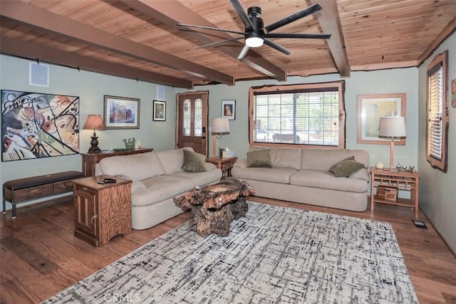living room with beam ceiling, ceiling fan, wooden ceiling, and wood finished floors